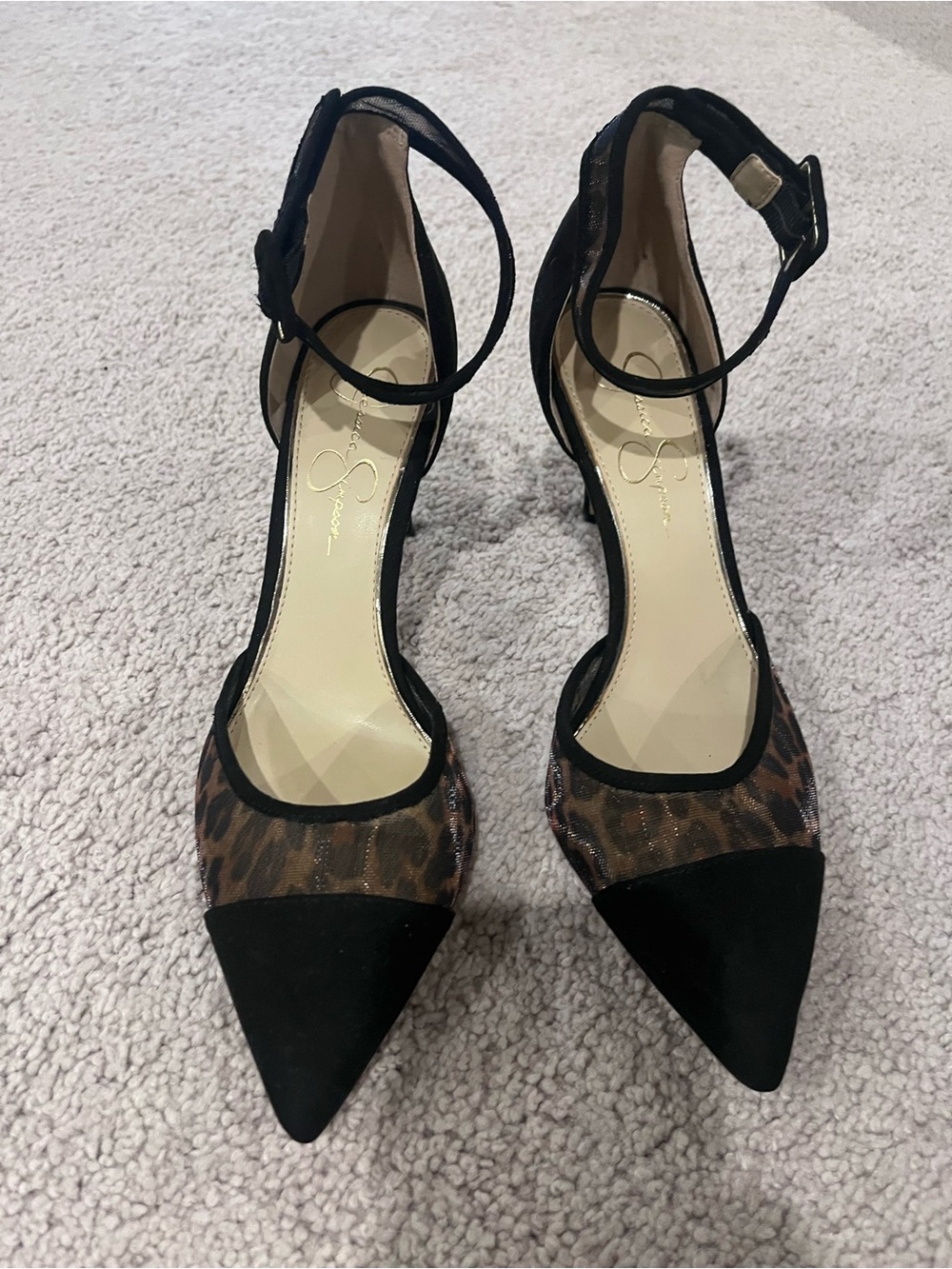 Leopard Print Mesh & Black Suede Pointed Kitten Heels Pumps w Ankle Strap